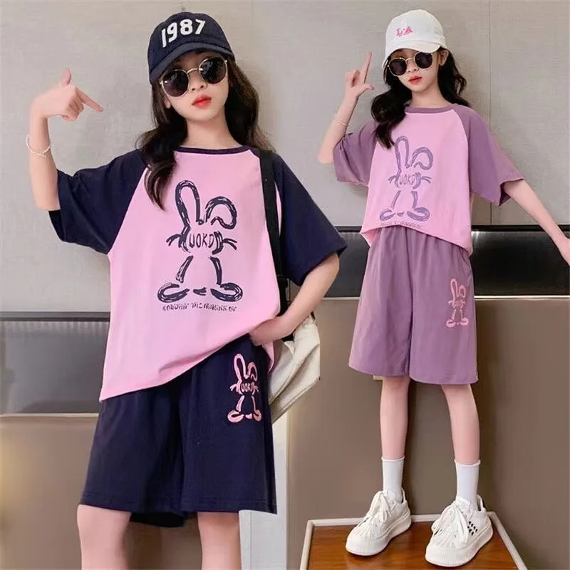 

2024 spring Children set Clothes Girls tracksuit casual bunny t-shirt sweatshirt hoodie + Ankle-tie pants Kid Teens 5 to 12 year
