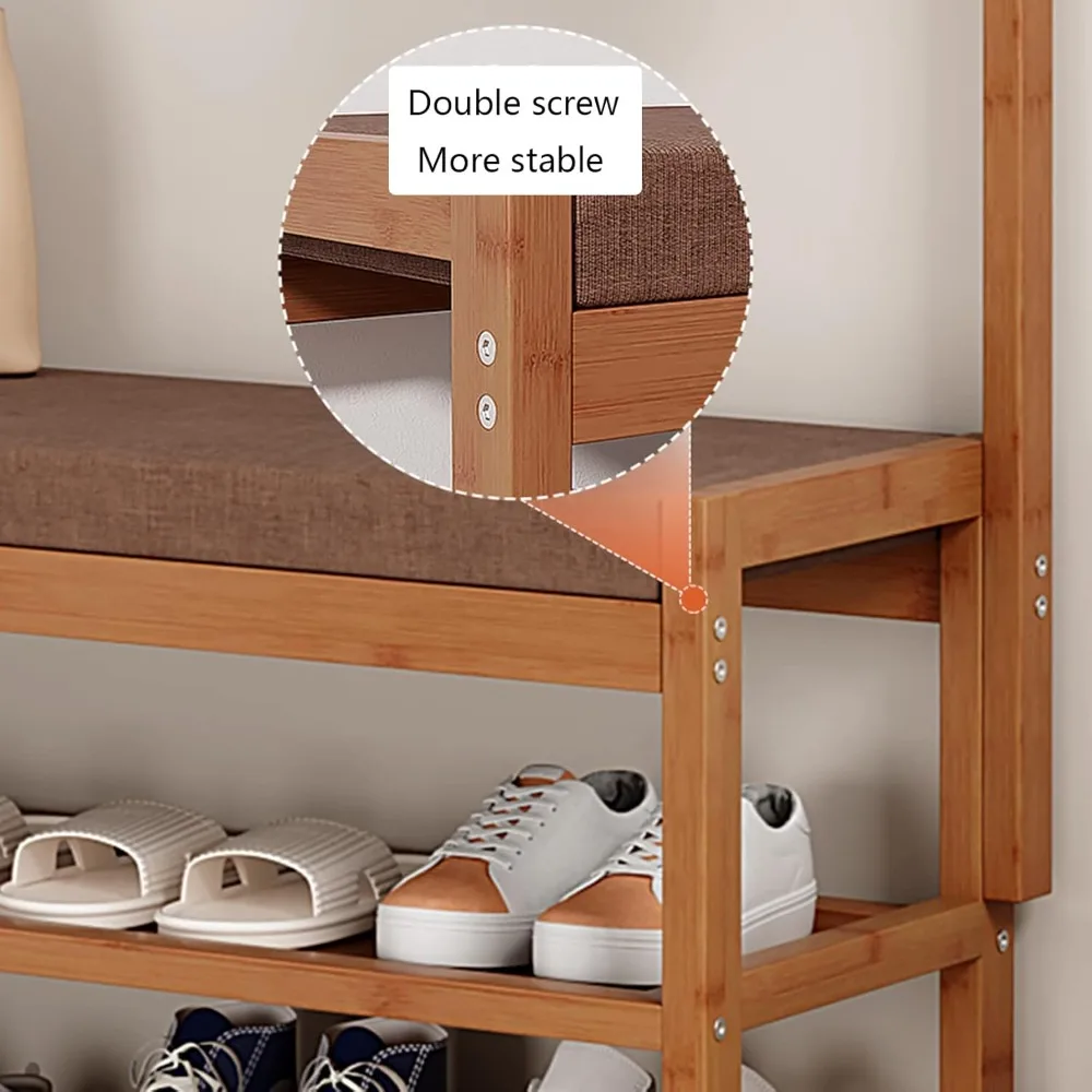 clothes stand with shoe rack bench, 3 in 1 cloth hanger stand bamboo clothes rack, free standing coat rack with shoe storage ben