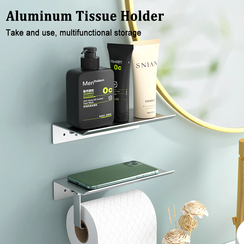 

Toilet Paper Holder Roll Paper Storage Hook Wall Mounted Rolling Tissue Hanger with Mobile Phone Stand Bathroom Accessories