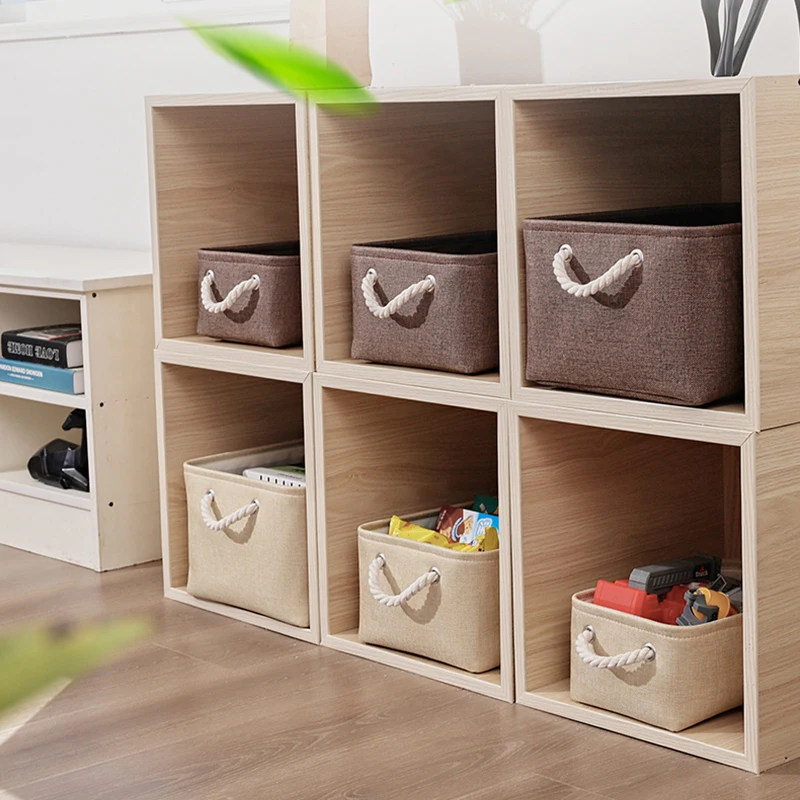 1Pc Beige/Grey Folding Storage Basket Linen Storage Fabric Wardrobe Office Bedroom Closet Toys Laundry Basket With Handle 3