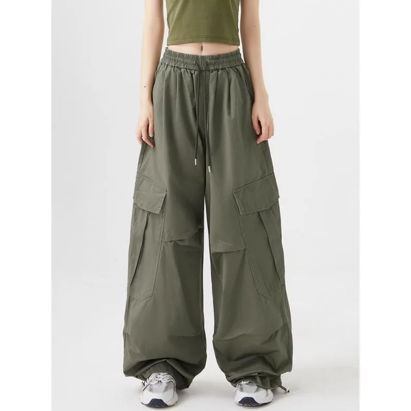 Deeptown Harajuku Green Cargo Pants Women Vintage Parachute Baggy Trouser Japanese Streetwear Oversize Sweatpants Fashion Autumn