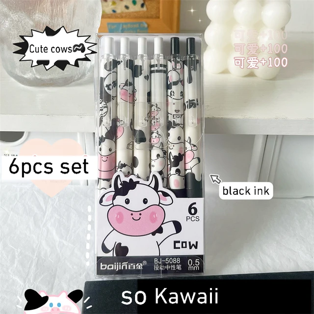 6pcs Kawaii Pens Cartoon Cow 0.5mm ST Black Ink Pens Aesthetic Stationery  Pen Set Pretty Pens Ballpoint Pen Back To School - AliExpress