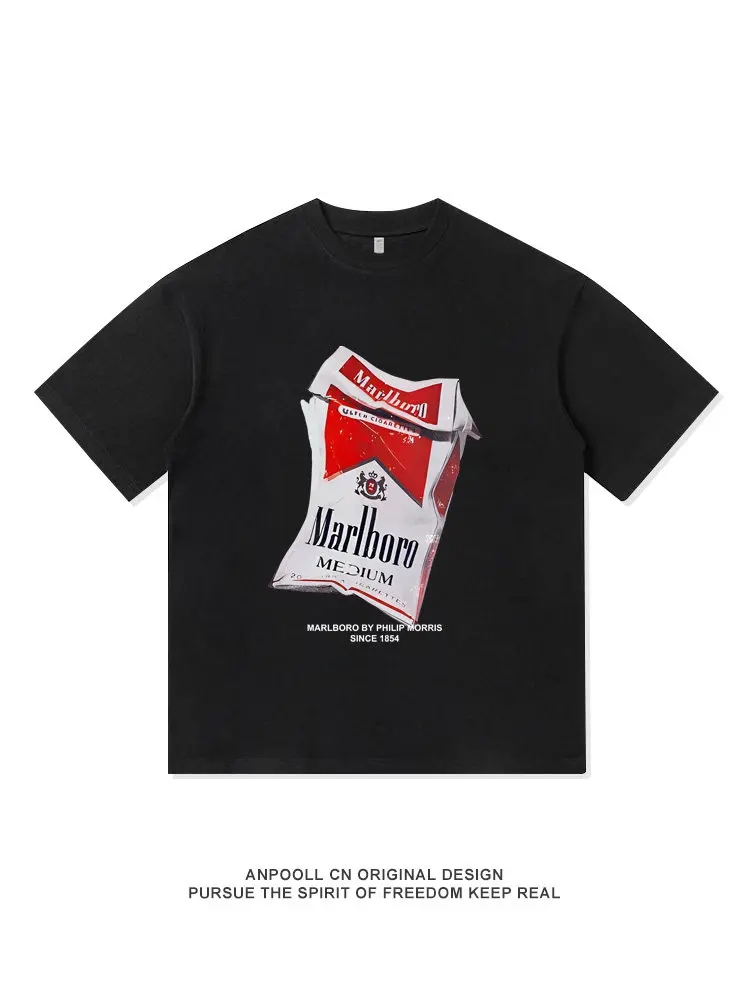 marlboro cigarettes tshirt American-style Cigarette Box Letter Marlboro Printed Pure Cotton Summer  Short-sleeved Shirt for Men and Women Loose-fitting Top