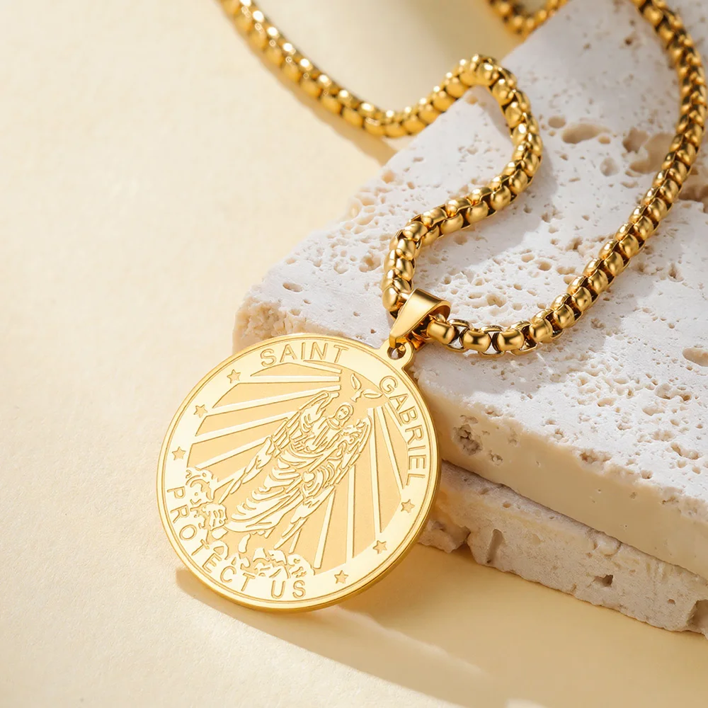 Dawapara Erzengel Gabriel Anhänger Halskette doppelseitig geschnitzt spiritueller Schutz Amulett Edelstahl Schmuck – Detail 18