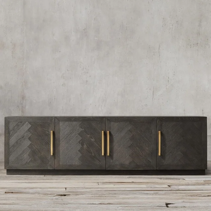 High Quality Herringbone Pattern Solid Wood Oak 3-4-DOOR MEDIA CONSOLE Tv Stand Living Room Furniture