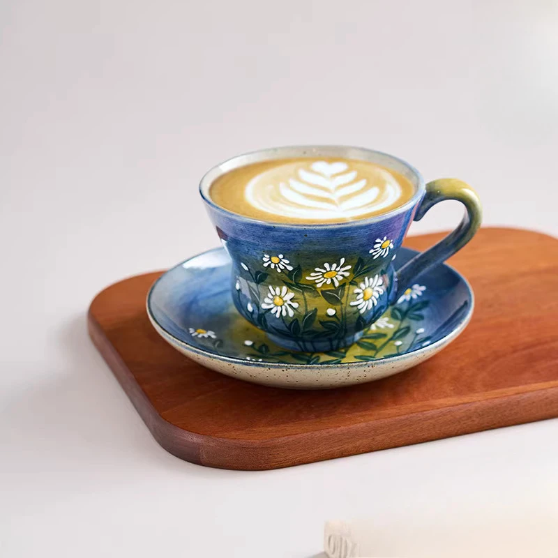 창의적인 꽃무늬 귀여운 컵, 가정용 사무실용품 도자기 물컵, 미니멀리스트 스타일 커피잔과 접시 세트