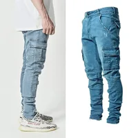 Jeans Men Pants Wash Solid Color Multi Pockets Denim Mid Waist Cargo Jeans Plus Size Fahsion Casual Trousers Male Daily Wear