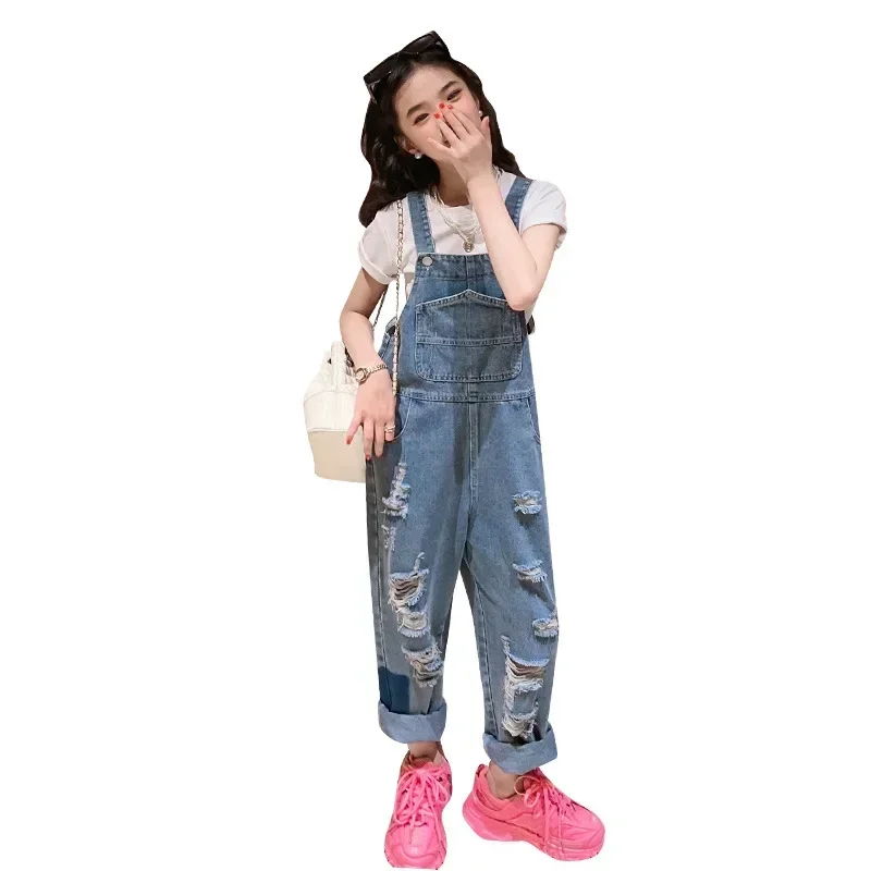 

Summer Cool Hole Jumpsuit Girls Fashion Destory Ripped Jeans Overalls Kids Streetwear Broken Costume 5 6 8 9 10 12 14Years Child