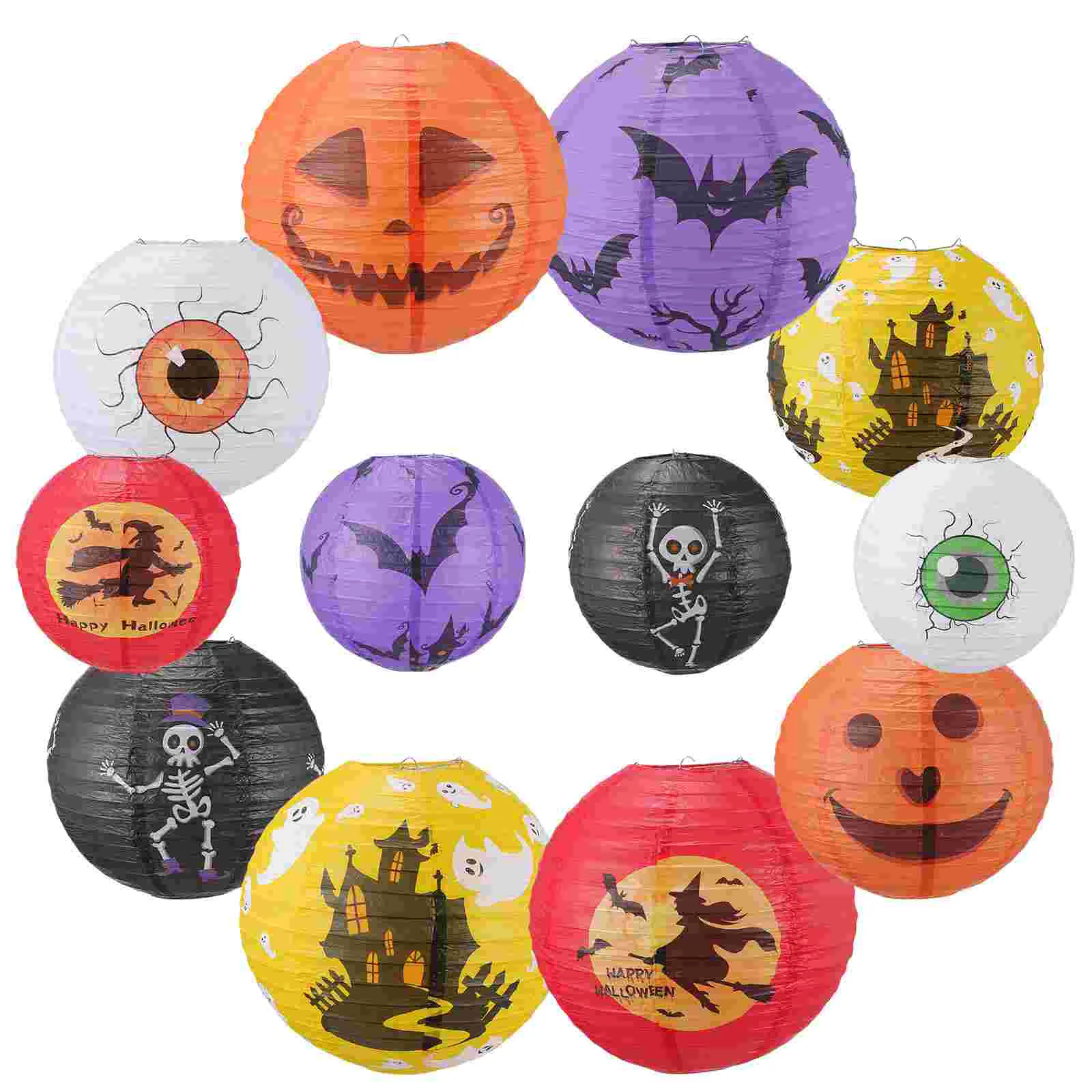 Hemoton 12pcs Lanterns 8in 10in 12in Hanging Colored Lanterns Pumpkin