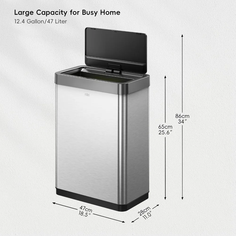 Mirage-X 47 Liter / 12.4 Gallon Touchless Rectangular Motion Sensor Trash Can with Removable Liner, Brushed Stainless Steel Fin