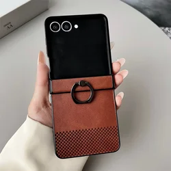 Luxury Leather Ring Holder Phone Case - Elegant Shockproof Hinge Protective Cover - Galaxy Z Flip5 (Brown)