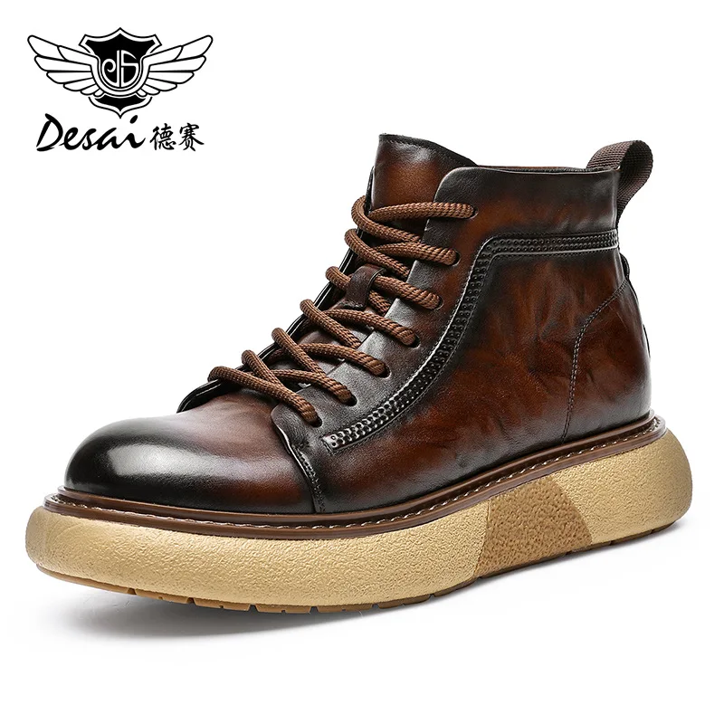 

2023 Desai Autumn Top layer Cowhide Martin Boots Thick Bottom Shock Absorbing Men's Boots Mid Top Men's Work Boots