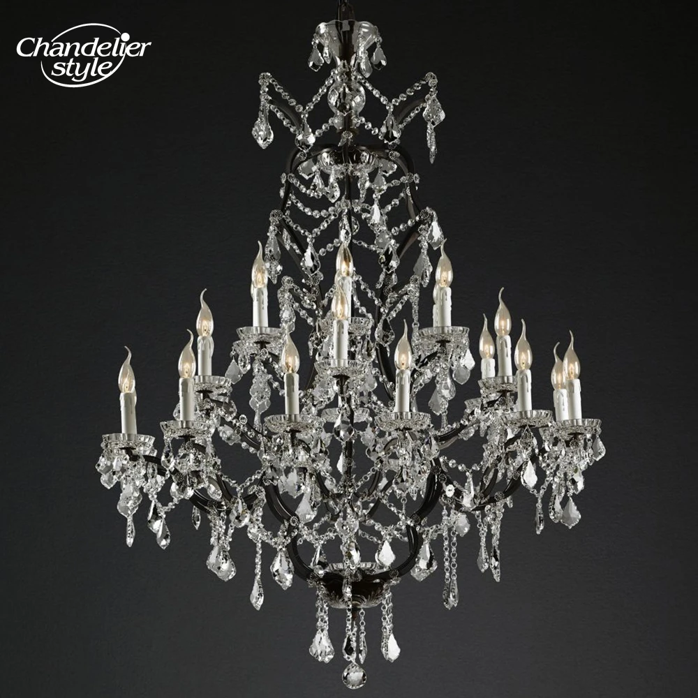 19th C. Rococo Iron & Clear Crystal Round Chandeliers Modern Retro LED Candle Black Rustic Lamps Kitchen Island Bedroom Lights