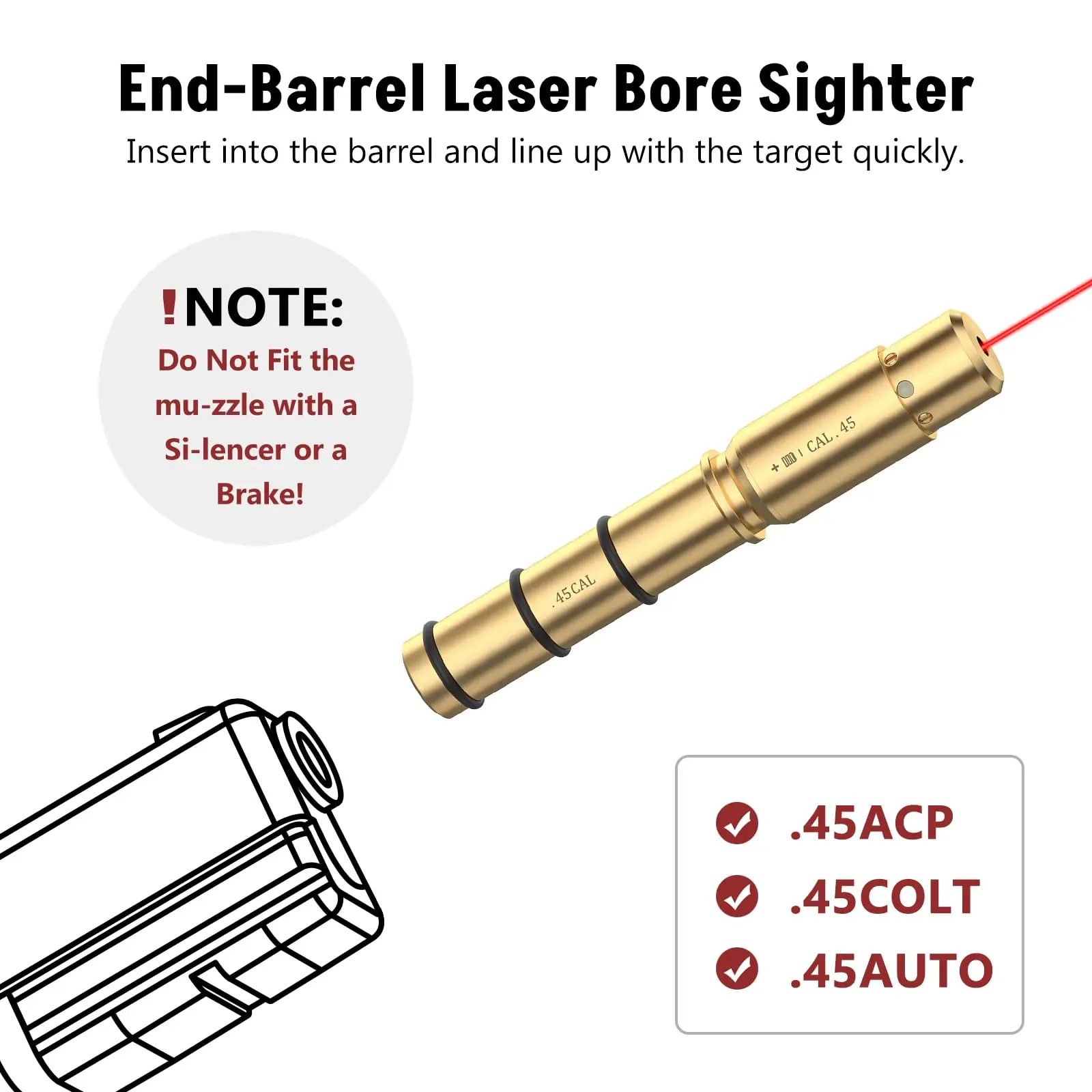 Red Laser Bore Sight For 45Cal End Barrel Brass Boresighter with 4 Sets of Batteries and Spare O-rings 3 sizes, each size of 4pc