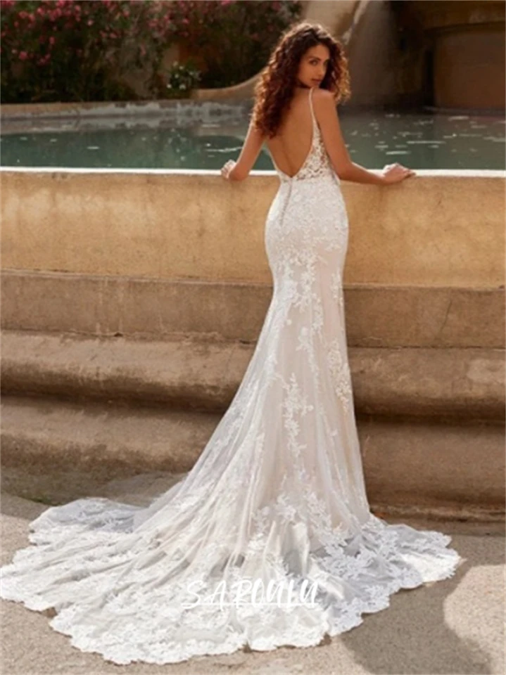 chinese dress ladies Long Sleeve Lace V Neck Backless Mermaid Boho Wedding Dresses,Beach Wedding  Gown – trendtydresses