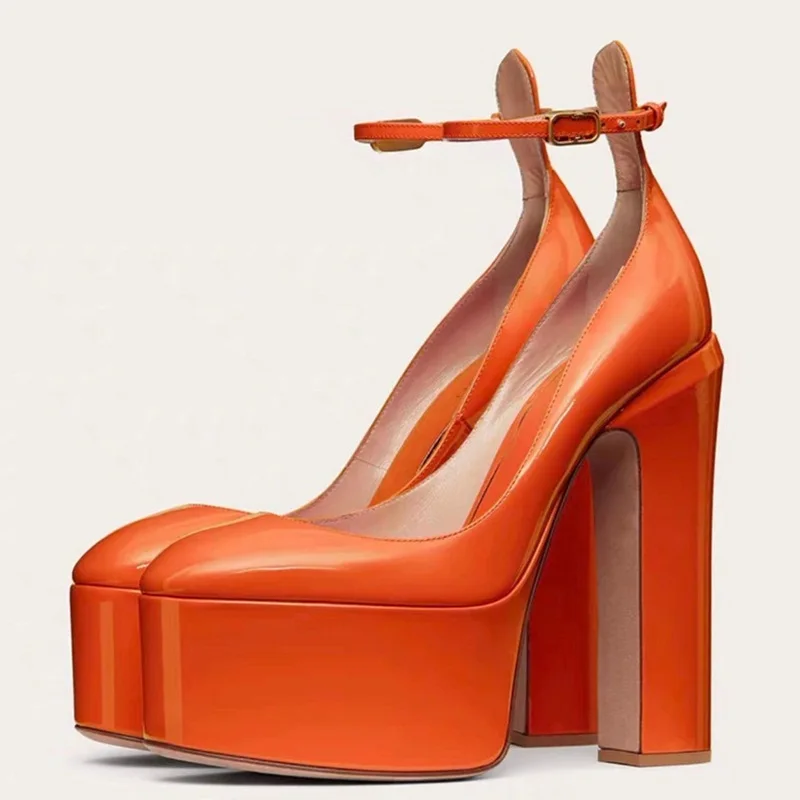 

Orange Patent Leather Chunky Heels Pumps Round Toe Ankle Strap Women Square Heels Shoes Hidden Platform Party Dress Shoes