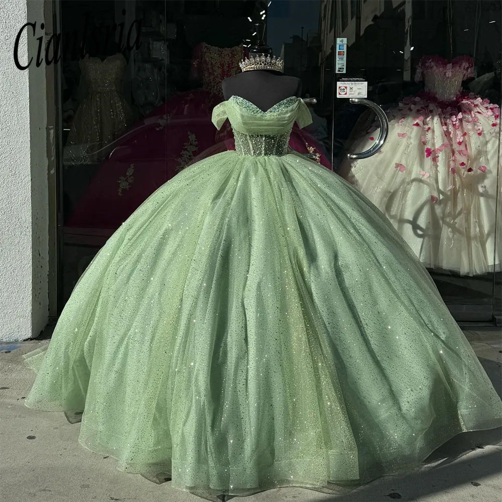

Mint Green Beaded Crystal Ball Gown Quinceanera Dress Sweetheart Corset Vestido De 15 Anos