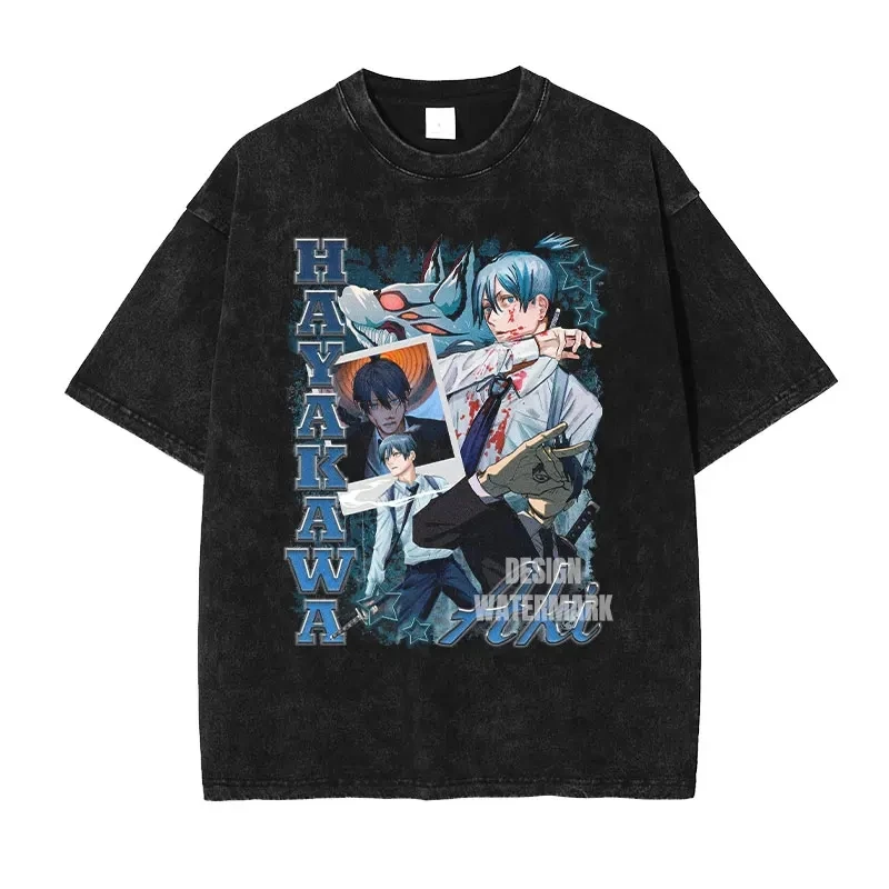 Oversized Vintage Washed Anime Chainsaw Graphic T-Shirt