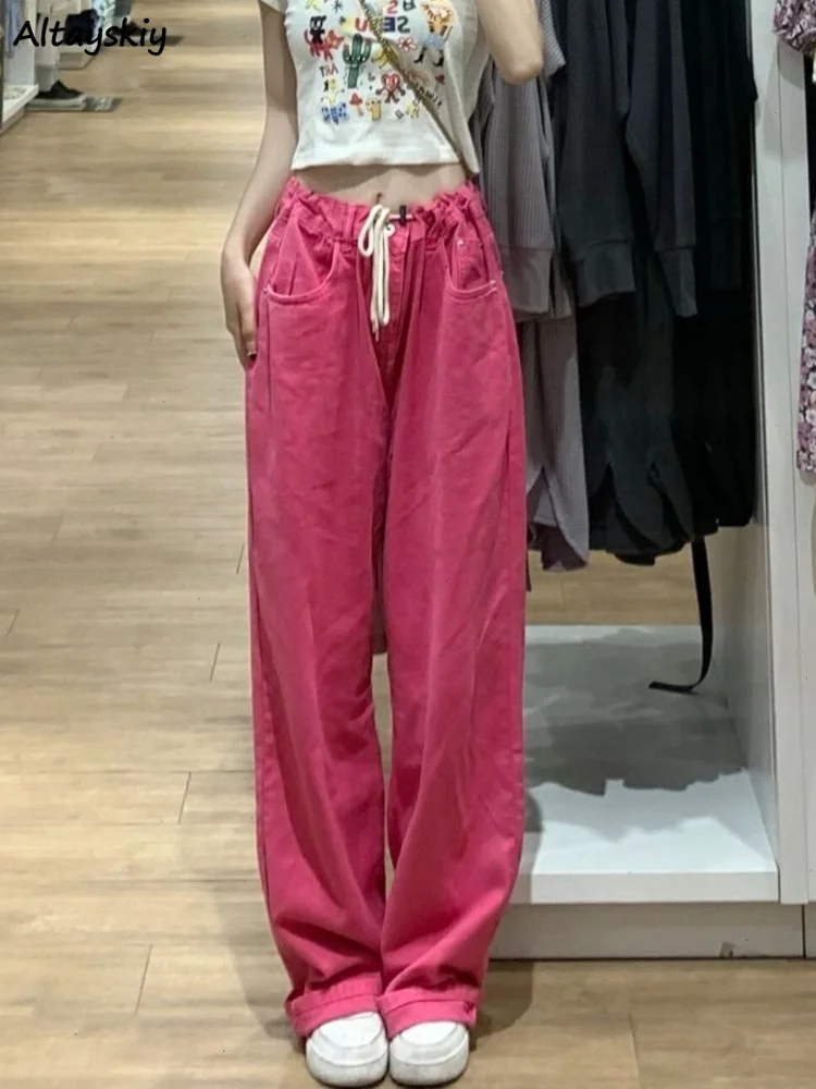 

Rosy Jeans Women High Waist Simple Summer Vintage Chic Harajuku Loose Schoolgirls Trousers Basic All-match Ins Stylish Gothic