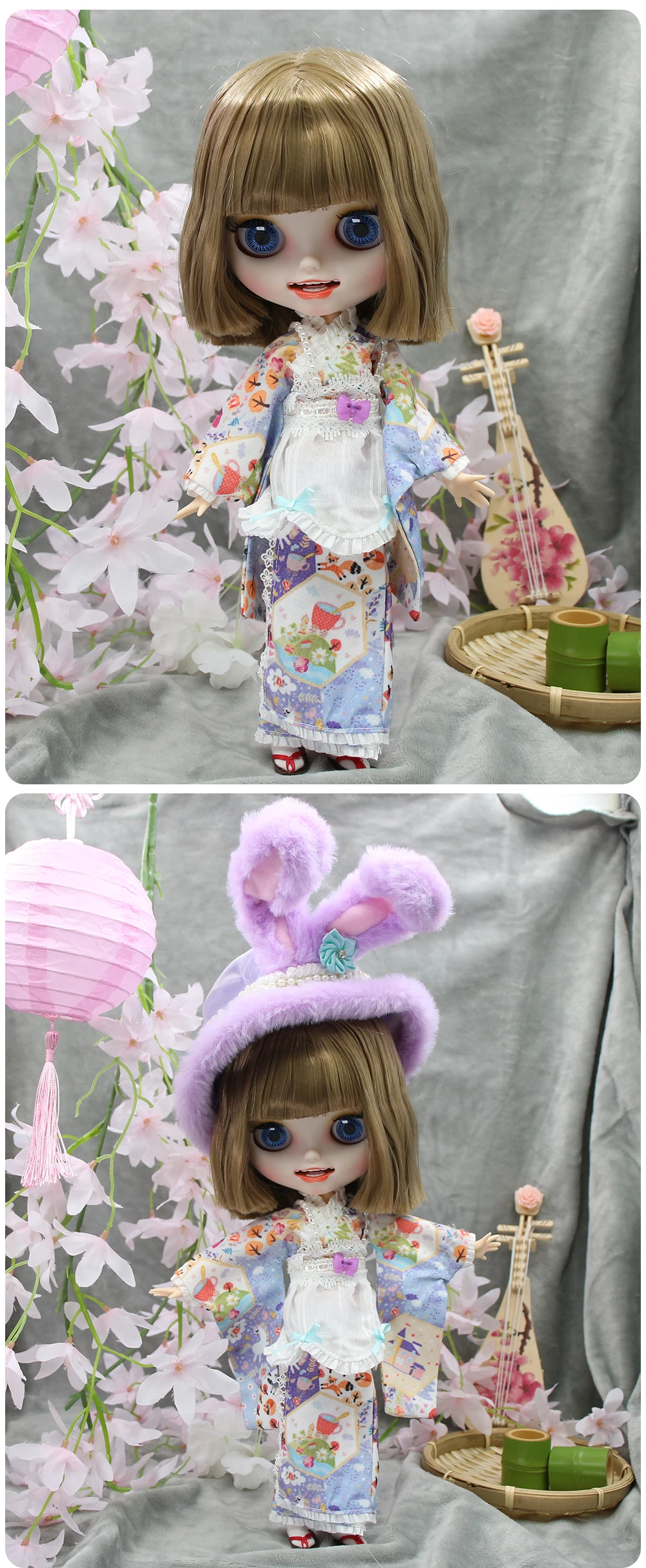 Neo Blythe Doll Kimono Chinese Traditional Dress With Bunny Hat 1