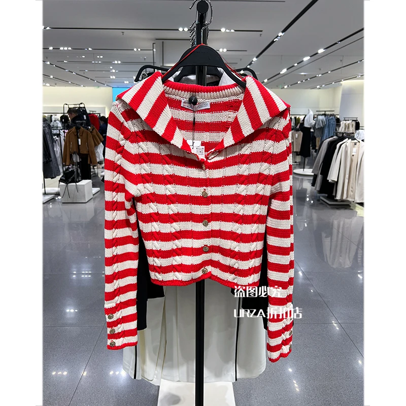 

Red Color Striped Knit Pullovers With Hooded Full Sleeves Elegant Spring Sweatshirt Tops Elegant Crop Tops Jumper