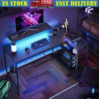 48 Inch L Shaped Gaming Desk with LED Lights Power Outlets Monitor Stand Reversible Shelves Adjustable Height Durable Carbon 1