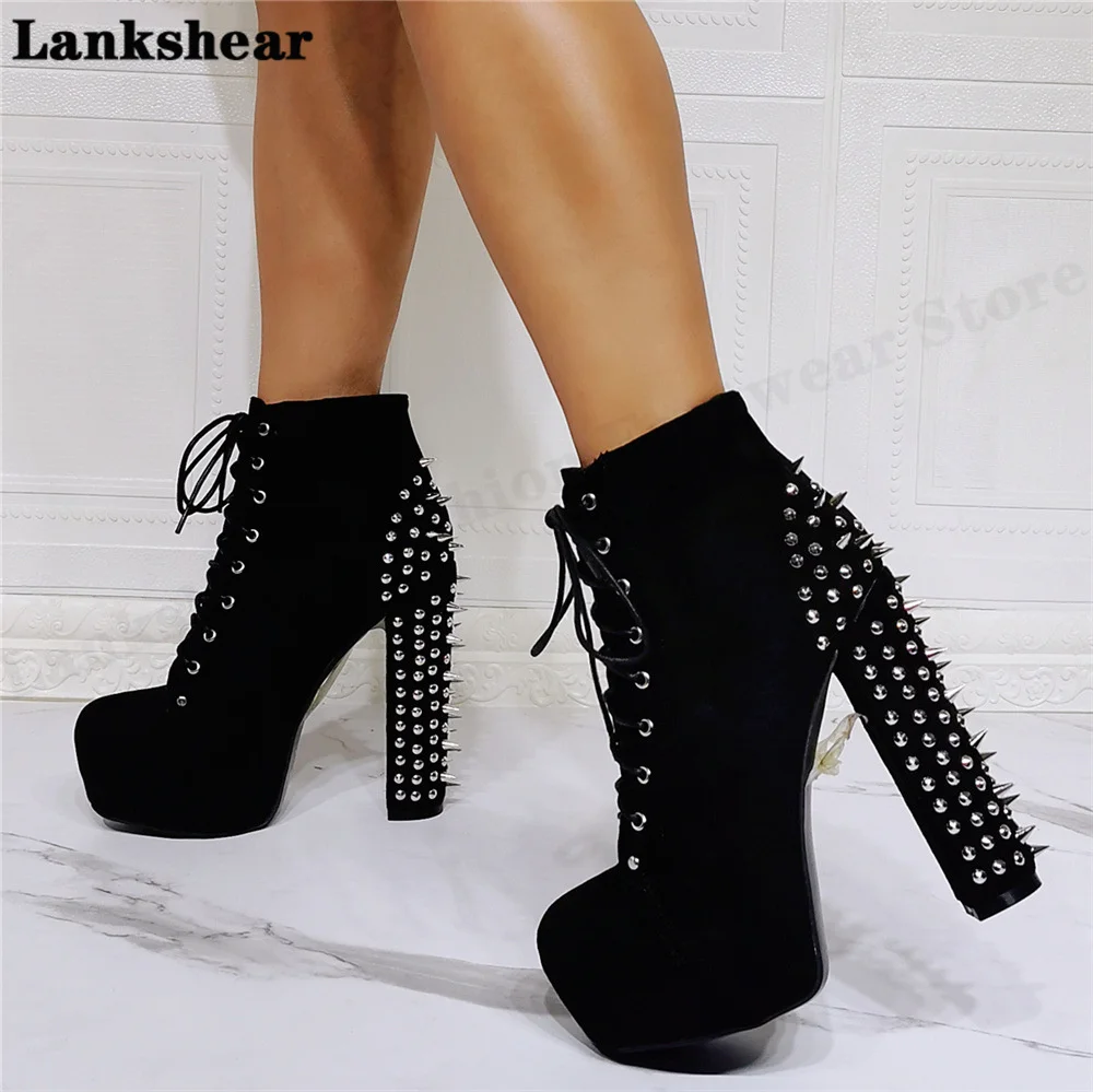Rivet Thick Heel Booties Round Toe Lace-Up Stiletto High Heels Short Boots Fashion European Dress Women Boots Women Shoes