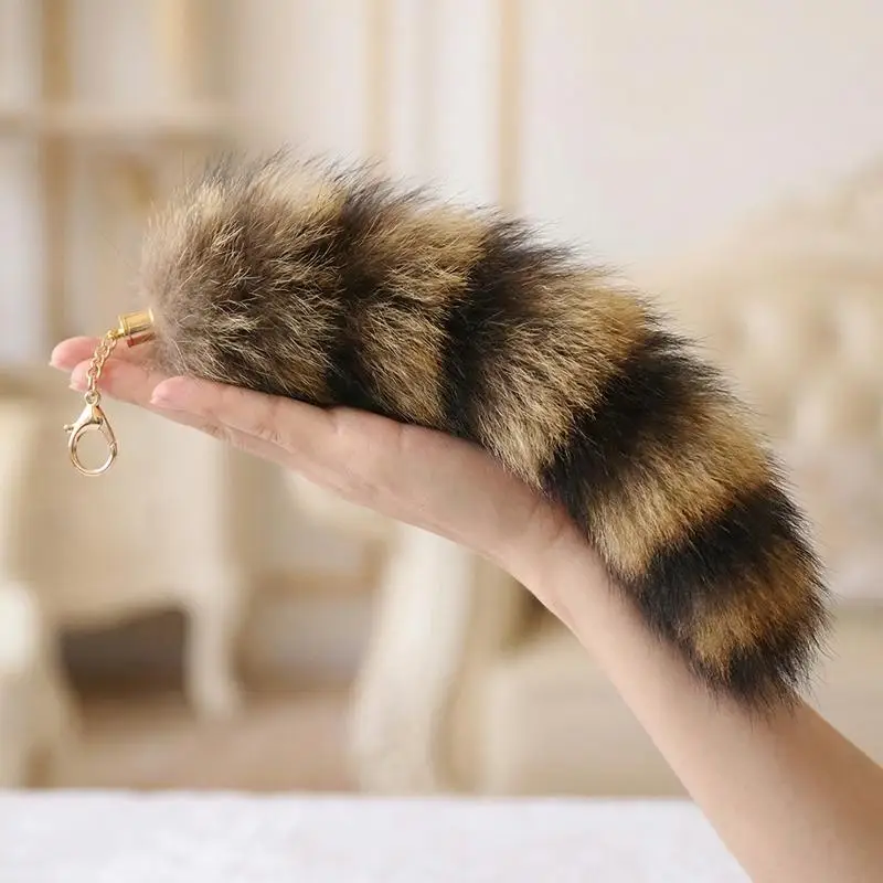 Plüsch-Schwanz Schlüsselanhänger Flauschiger Waschbär-Schwanz Schlüsselring Tier-Schwanz Schlüsselanhänger Pompons Schlüsselringhalter Taschen-Deko – Detail 1