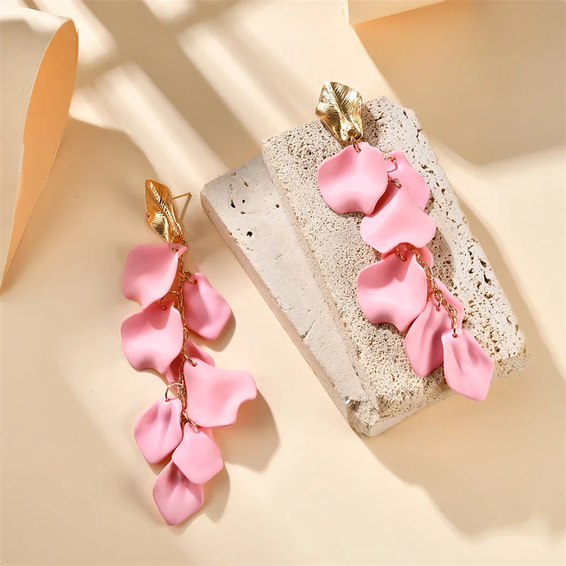 Gold Metal Leaf Acrylic Petal Tassel Earrings - Bold Floral Statement in Rose, Pink, and Orange