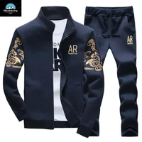 Winter Men's Sports Suit with Fleece and Warm Standing Collar Jacket+men's Drawstring Sports Pants Fashionable Printed Men's Set 2