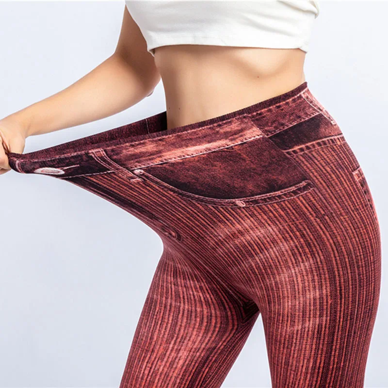 Frauen gestreiften Druck falsche Jeans hohe elastische schlanke Leggings im Freien tragen laufen hohe Taille sexy Hüftlift Mode Yoga Strumpfhosen – Detail 15
