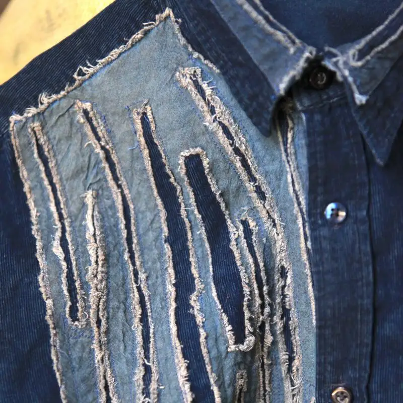 

Distressed Worn Ragged Color Matching Blue Dyed Men's Shirt Retro Amekaji Shirt Top