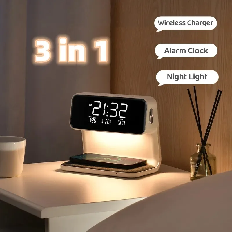 

Creative 3 In 1 Bedside Lamp Wireless Charging LCD Screen Alarm Clock Wireless Phone Charger For Iphone