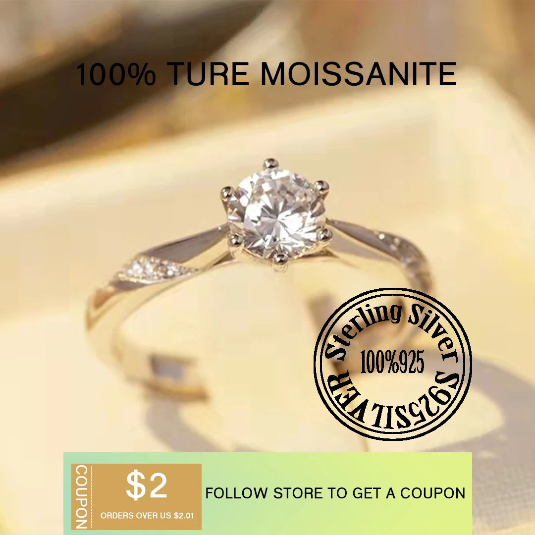 Женское Обручальное кольцо из серебра 100% пробы с натуральным муассанитом D-color