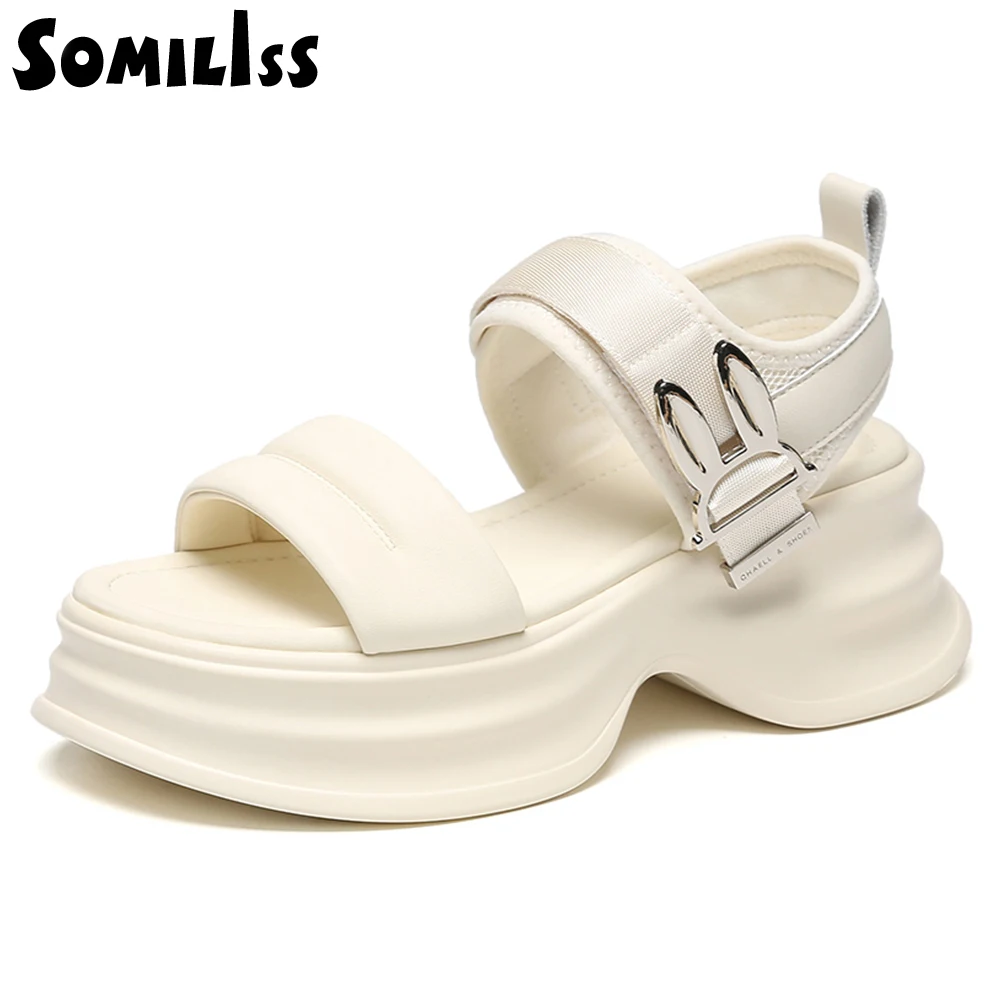 SOMILISS Women Chunky Platform Sandals Hook Loop Microfiber Leather Round Toe Summer Fashion Flat Casual Ladies Sandals Shoes