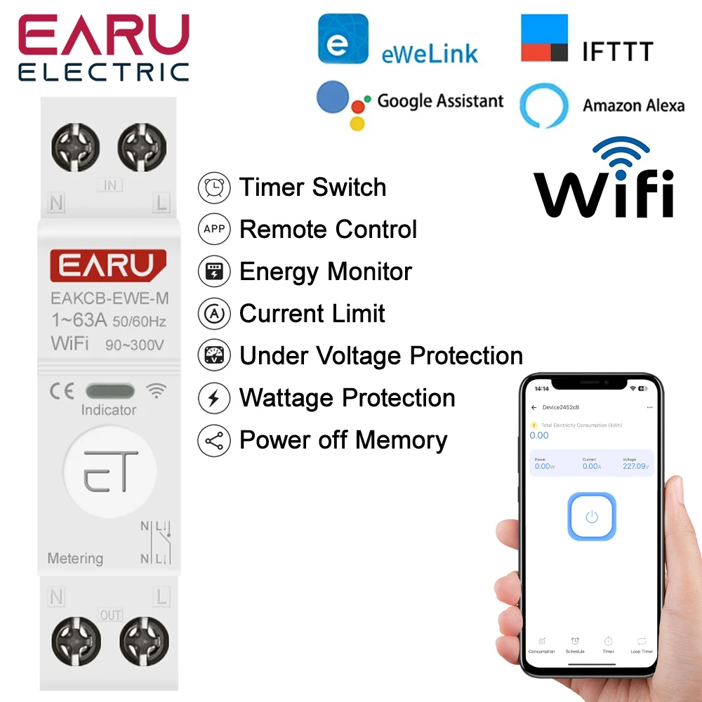 Circuit Breaker eWeLink WiFi Smart 1P+N 63A MCB Timer Relay Switch Energy Metering kWh Voltage Current Protector Remote Control,circuit breaker,smart switch,voltage protector relay,voltage protector,over voltage protector,voltage relay