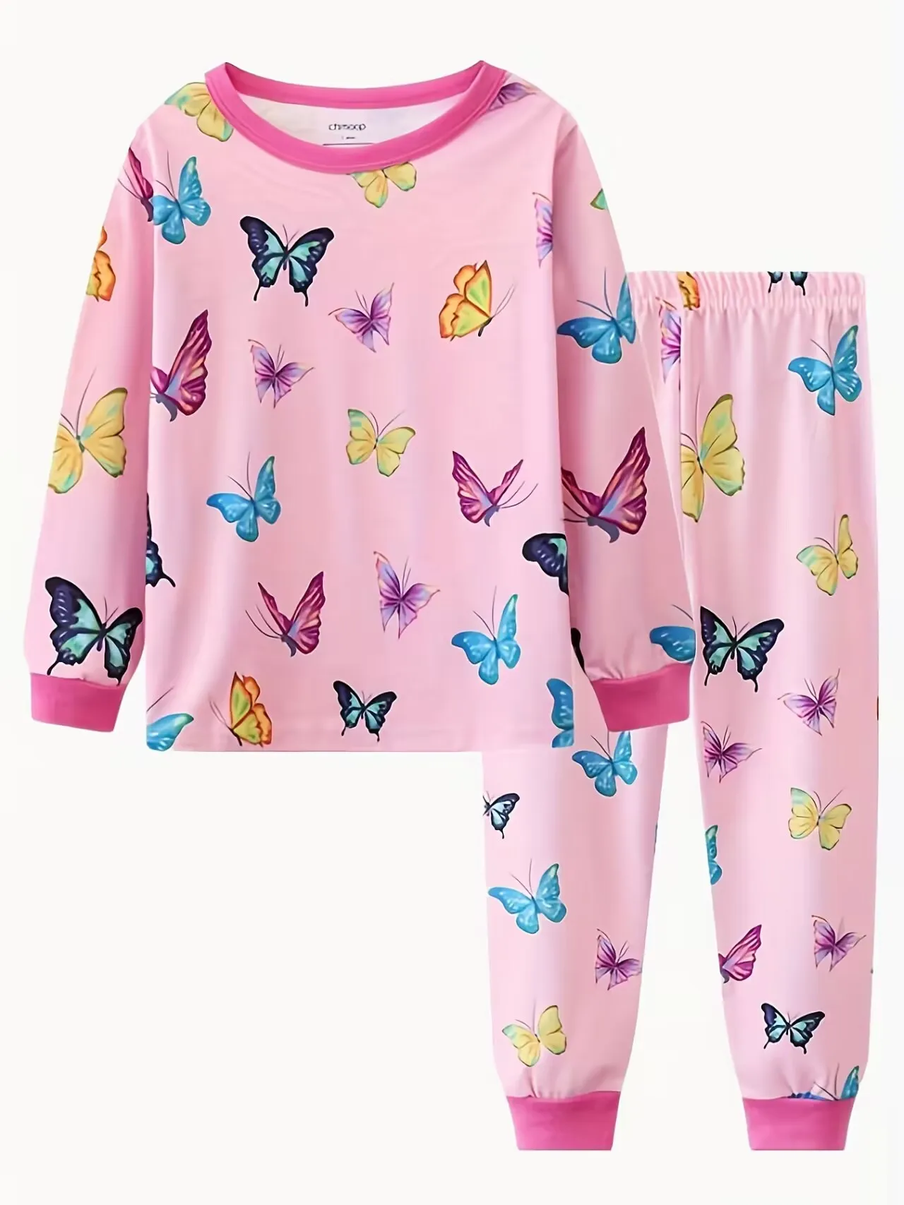 thumbnail image 1 of 2pcs Girls Casual Cartoon Unicorn Print Crew Neck Pink Cotton Pajama Sets, 1 of 5