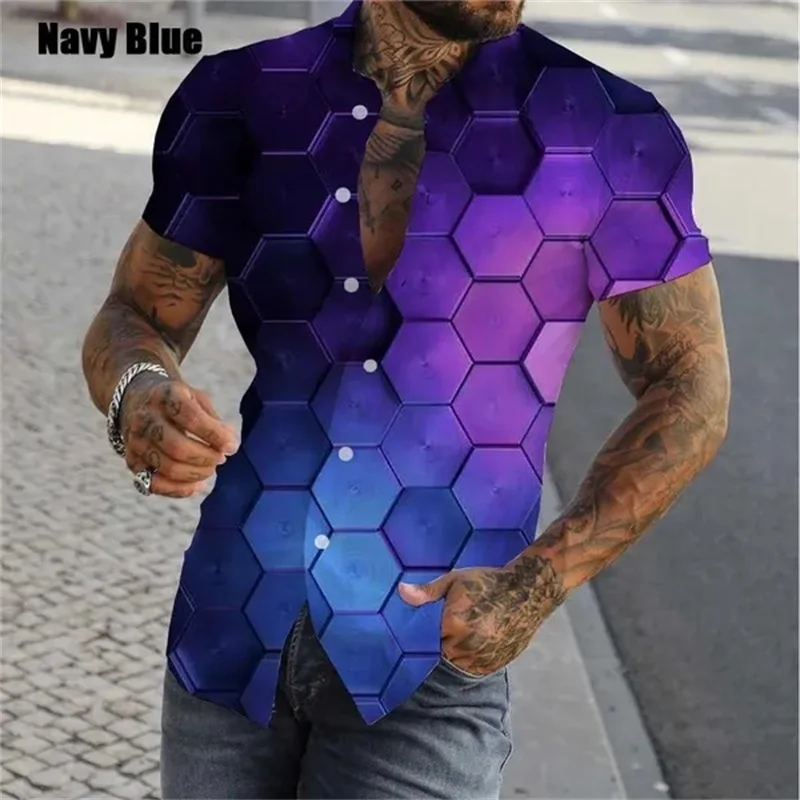 thumbnail image 1 of Camisa con estampado geométrico y personalidad en 3D para hombre, camisas casuales de manga corta con botones, camisas de playa de gran tamaño para hombre, 1 of 5