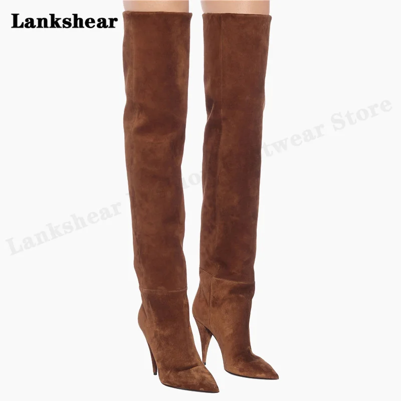Spring and Autumn Pointed Wine Red Pleated Over-The-Knee Boots Women's Suede High-Heeled Boots Sexy Catwalk Shoes Large Size