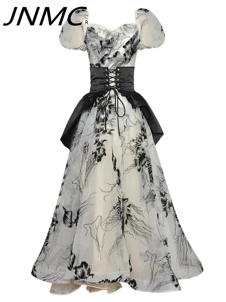 

JNMZ 2024 Women's Vintage Puffy-sleeved Slim-fit Waist Wrap Waist Slimming Printed Jacquard Mesh Organza Two-piece Ball Gown