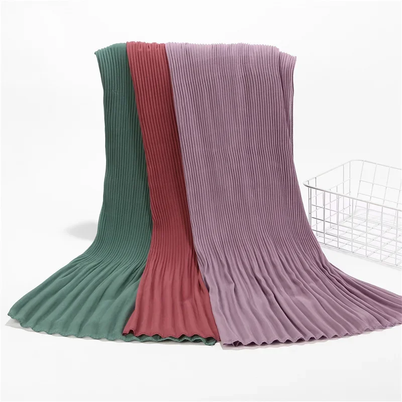 180x85cm Pearl Chiffon Scarf Solid Color Pleated Stripe Headwear Scarves Women Girls Muslim Hijab Head Wrap Plain Travel Shawls 3
