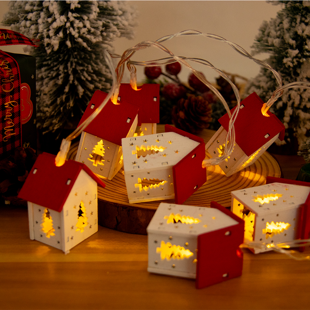 Christmas Wooden House LED String Light Garland Xmas Tree Hanging Ornament Christmas Decorations for Home New Year Gift Navidad