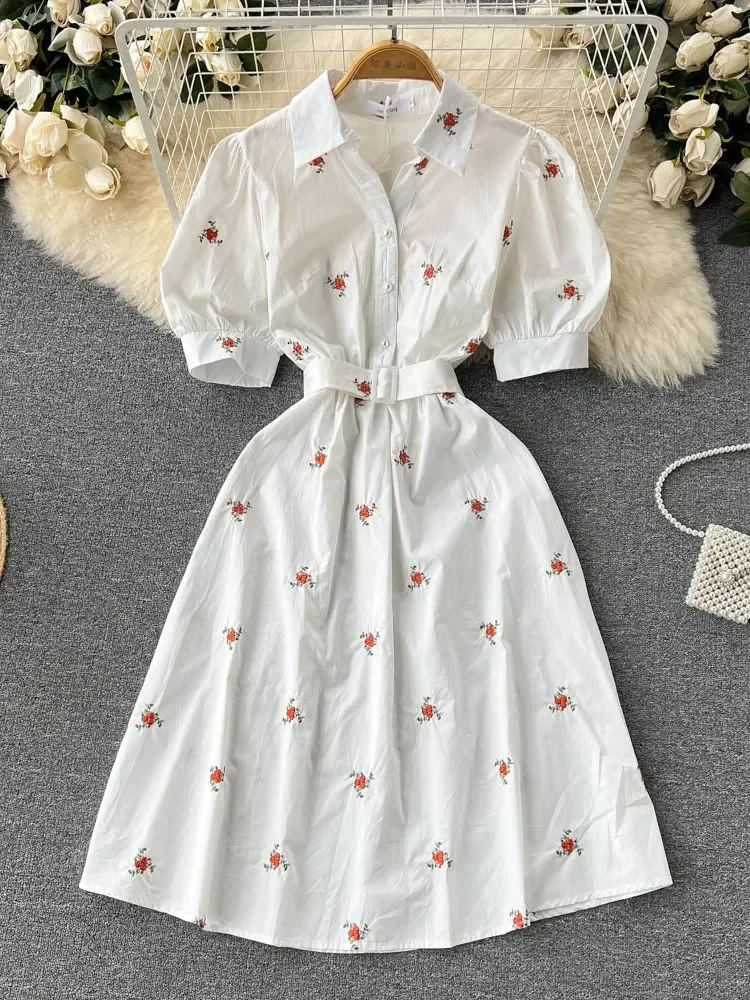 

Summer Elegant Flower Embroidery Dress Women Short Puff Sleeve Lapel Collar Single-Breasted Belt Shirt Cotton A-Line Vestidos