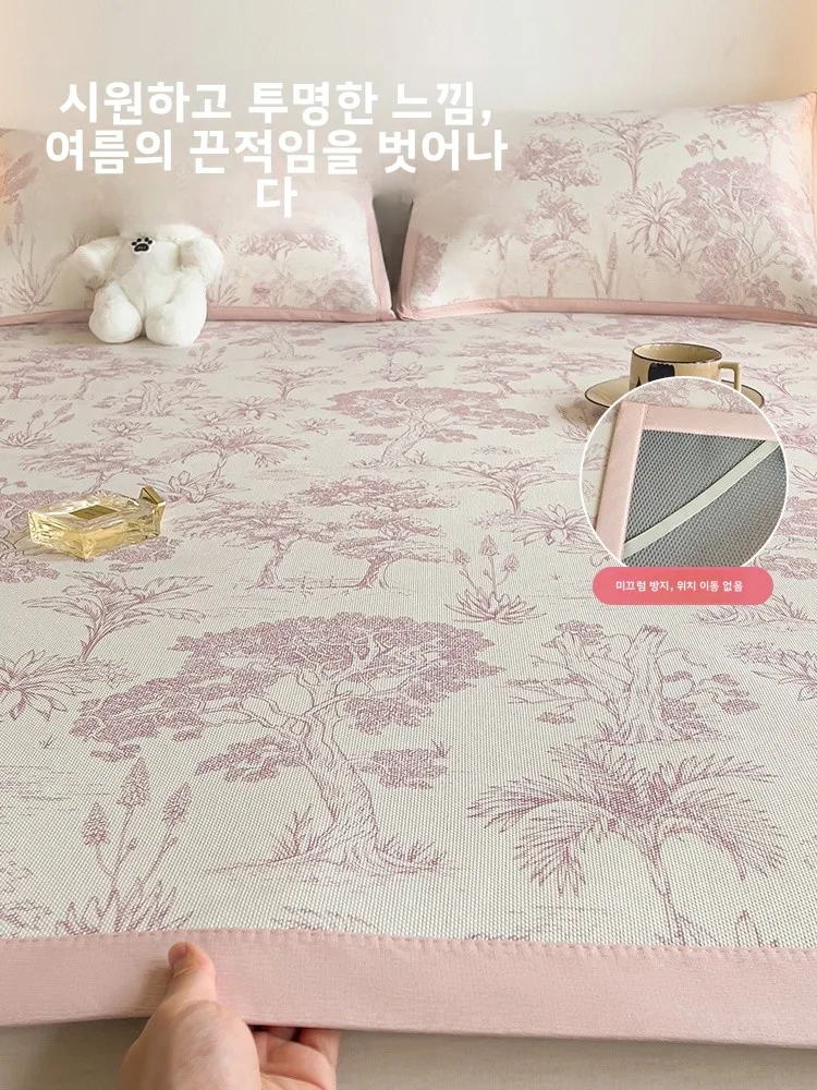 현대 중국 스타일 아이스 실크 쿨링 매트 침구 3종 세트 에어컨 사용 가능 세탁 가능 부드러운 대나무 매트 여름용
