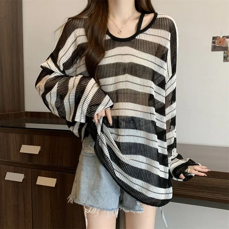 

Large Size Hollow Cover Up Shirt Female Summer Thin Style Sling Mid Length Version Ice Shreds Knitting Stripe Loose Casual Tops