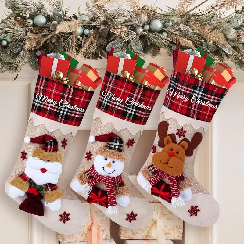 

Семейные рождественские чулки, подвеска на рождественскую елку, вязаные чулки, милый снеговик, клетчатые чулки для рождественских украшений
