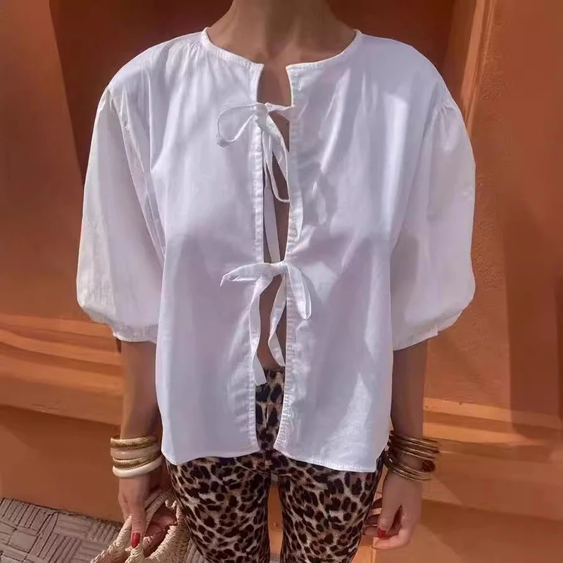 

Women's Tie Front Shirt Short Sleeve Tops Y2K Tie Up 7 Quarter Sleeve Babydoll Shirt 2024 Summer Bow Top