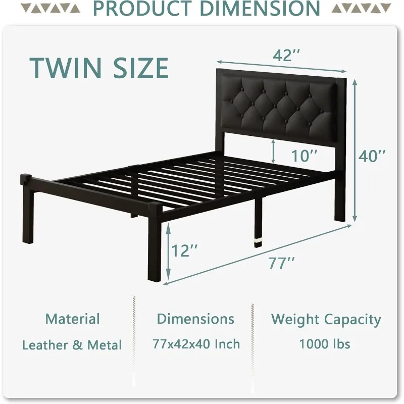 Twin Size Metal Bed Frame with Faux Leather Button Tufted Headboard, Heavy-Duty Platform Bed Frame with 12" Storage, Steel Slats 3