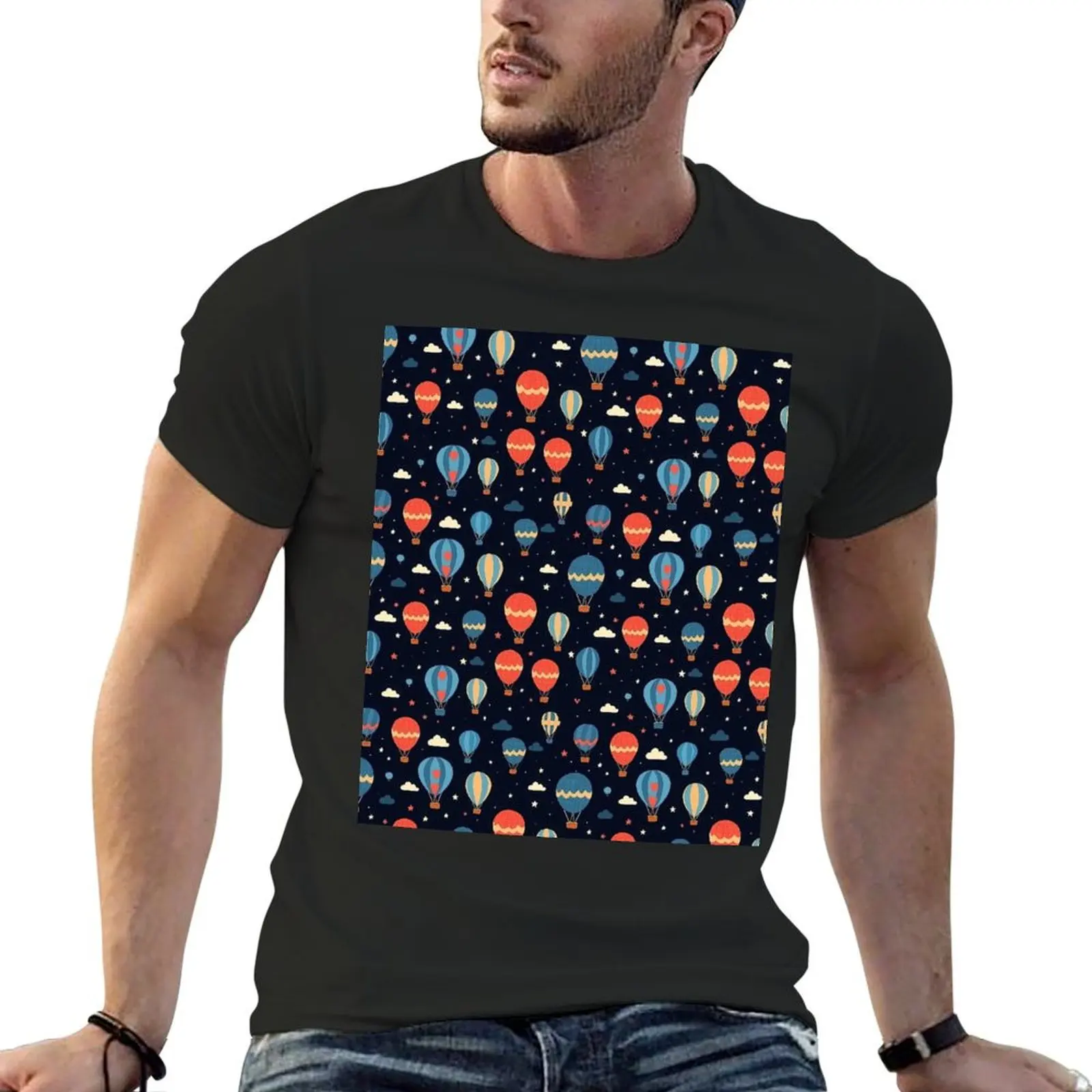 

Hot Air Balloon Pattern Cute Colorful Vintage Retro T-shirt hippie clothes sweat T-shirts for men cotton