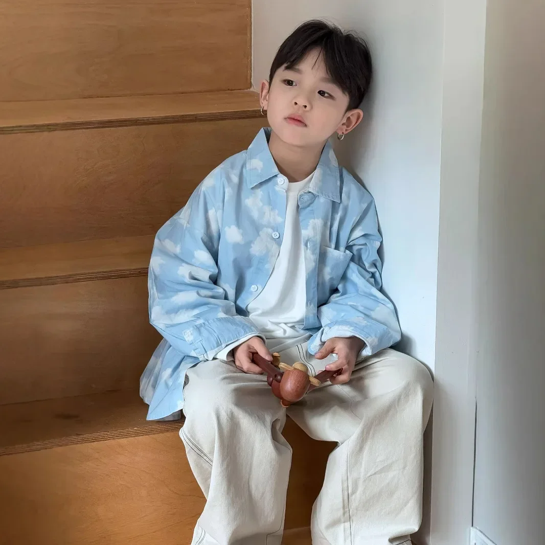 Spring 25 Loose Fit Children's Shirt Blue Fresh Washed Cotton Cloud Print Boys' Clothing Korean Style Kids' Top